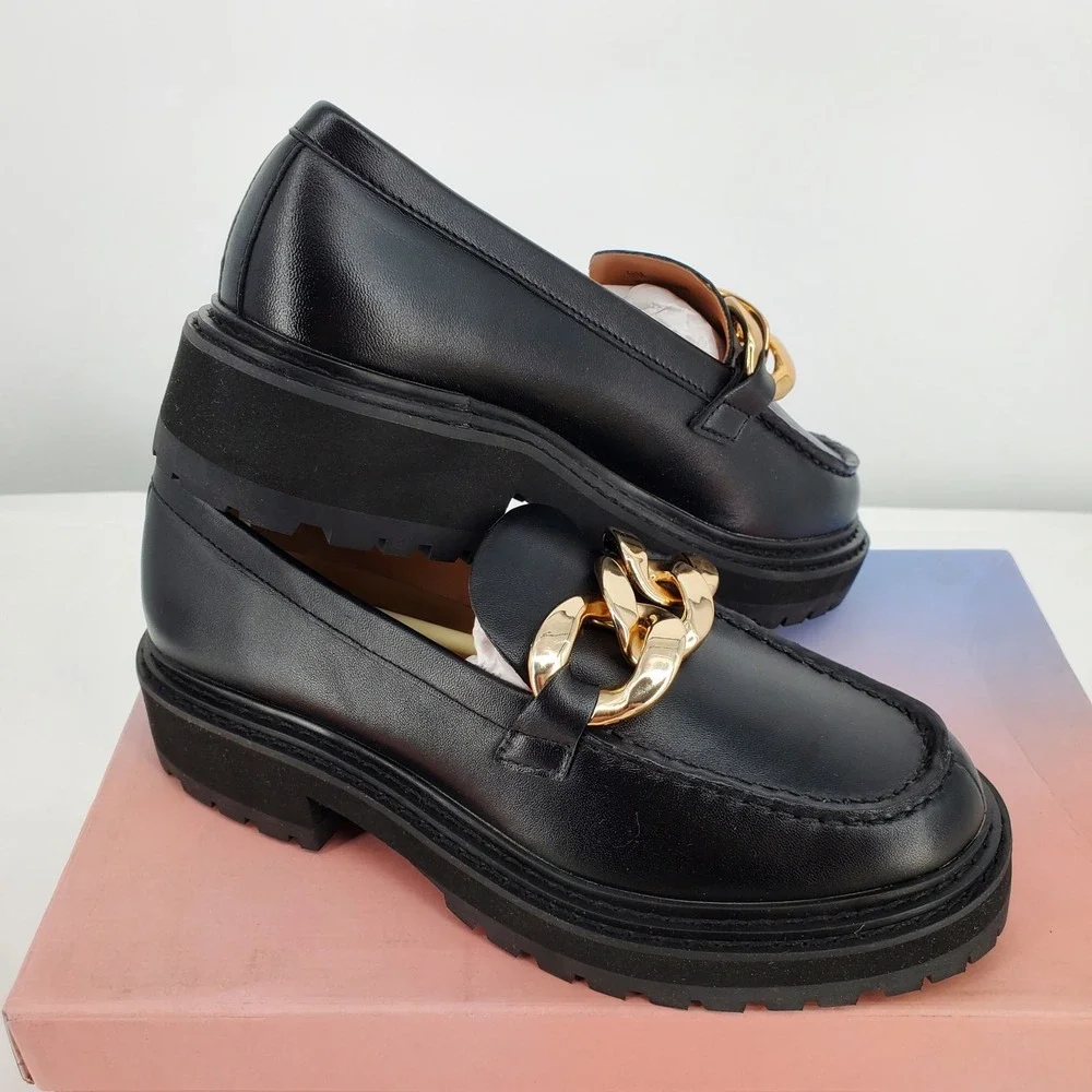 Lisa Vicky Womens Size 6.5M Pep-V Chunky Moc Toe Loafer Black‎ Chunky Chain New